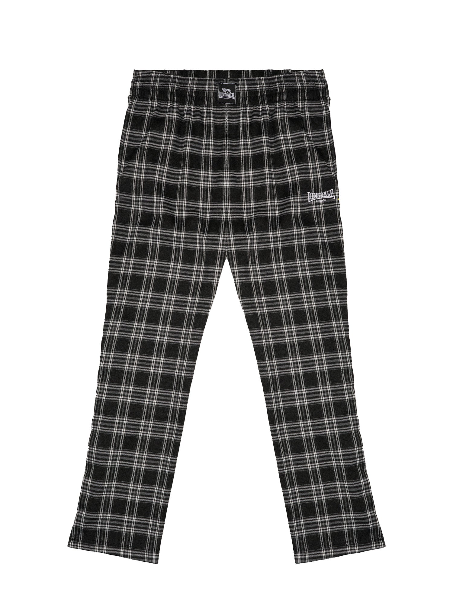 Karierte Lonsdale Herren-Hose in Schwarz-Tartan mit Logo-Print am Bein.