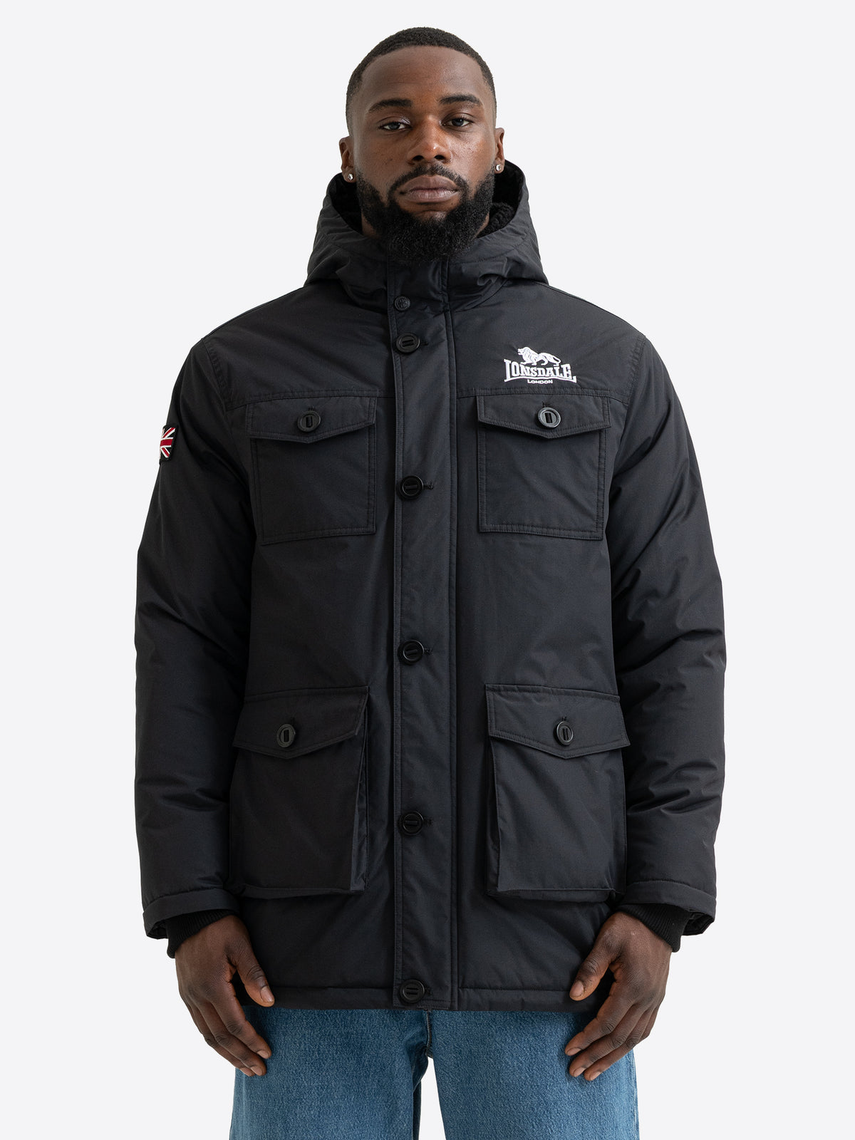 Schwarze Lonsdale Herren Winterjacke mit Kapuze und weichem Teddyfutter