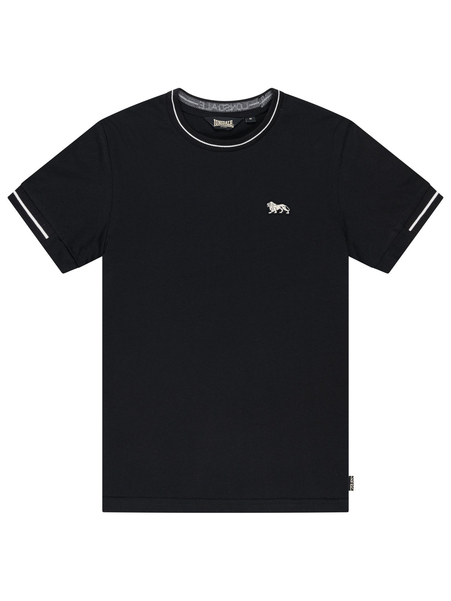 Schwarzes Lonsdale Herren T-Shirt in normaler Passform mit Löwen-Badge auf der Brust von vorne.