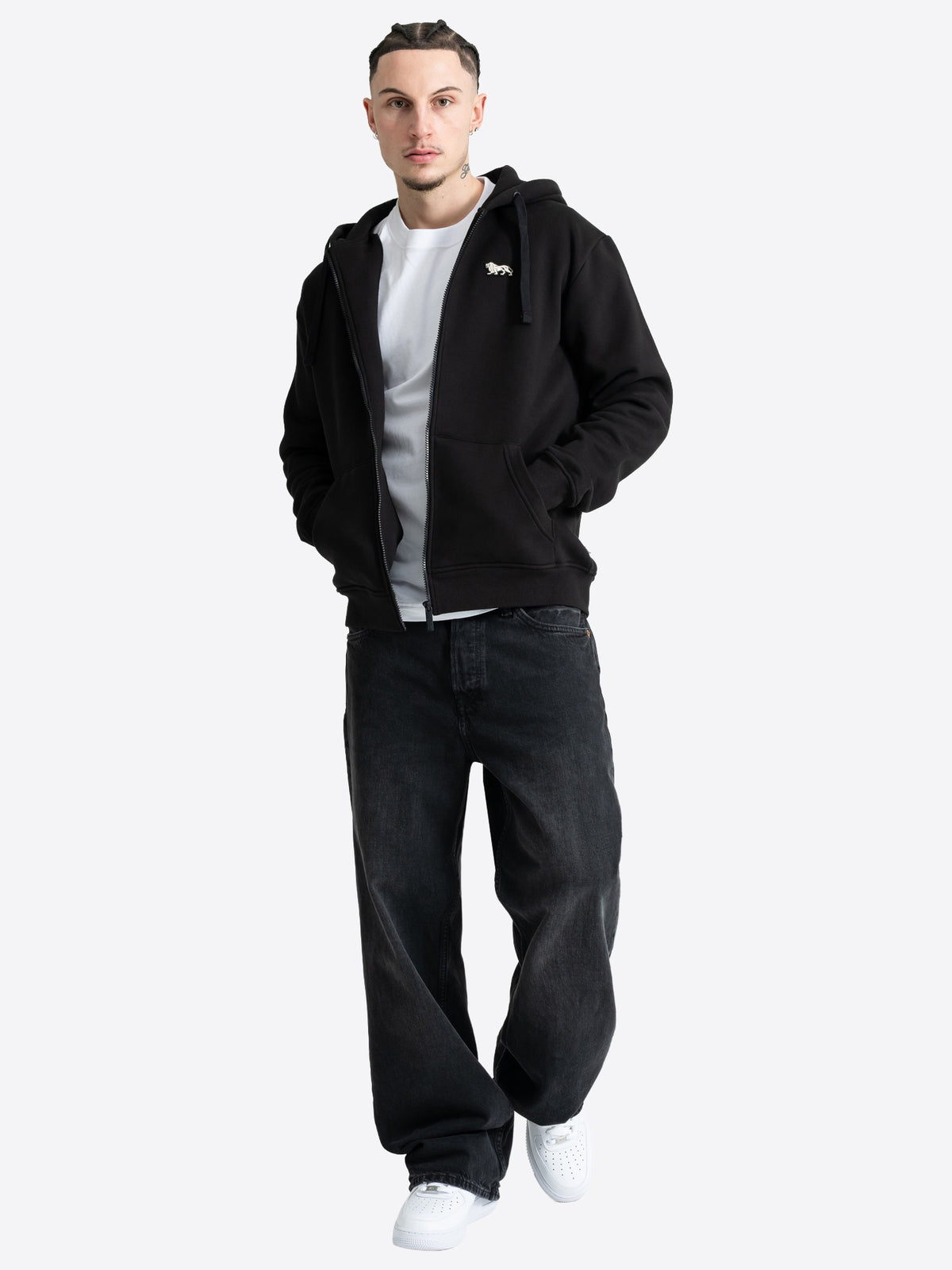 Schwarze Lonsdale Herren-Kapuzensweatjacke, normale Passform mit Reissverschluss & Löwen-Badge