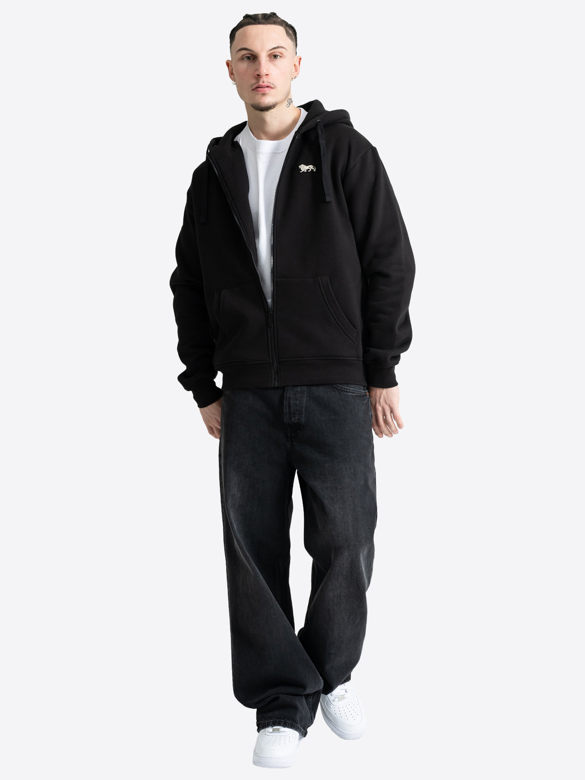 Schwarze Lonsdale Herren-Kapuzensweatjacke, normale Passform mit Reissverschluss & Löwen-Badge