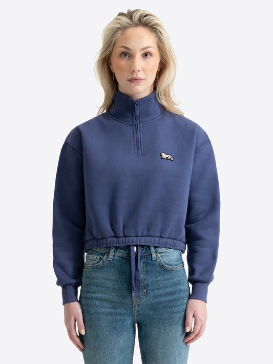 Dunkelblauer Lonsdale Damen Cropped Sweatshirt mit kurzem Reissverschluss.
