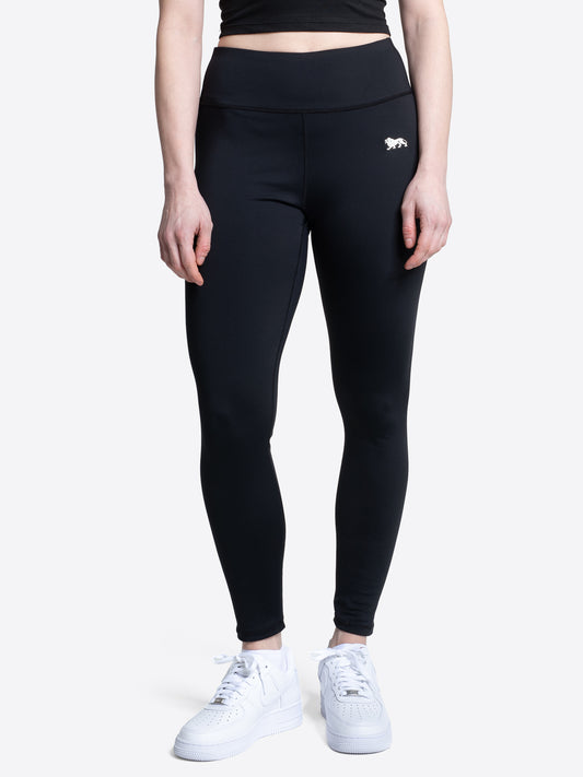 Schwarze Lonsdale London Damen-Leggings aus Jersey mit ecrufarbenem 3D-gedrucktem Löwen auf dem Oberschenkel.