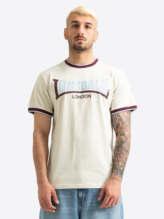 Lonsdale Herren T-Shirt in Bone White mit hellblau-rotem Logo-Print und normaler Passform