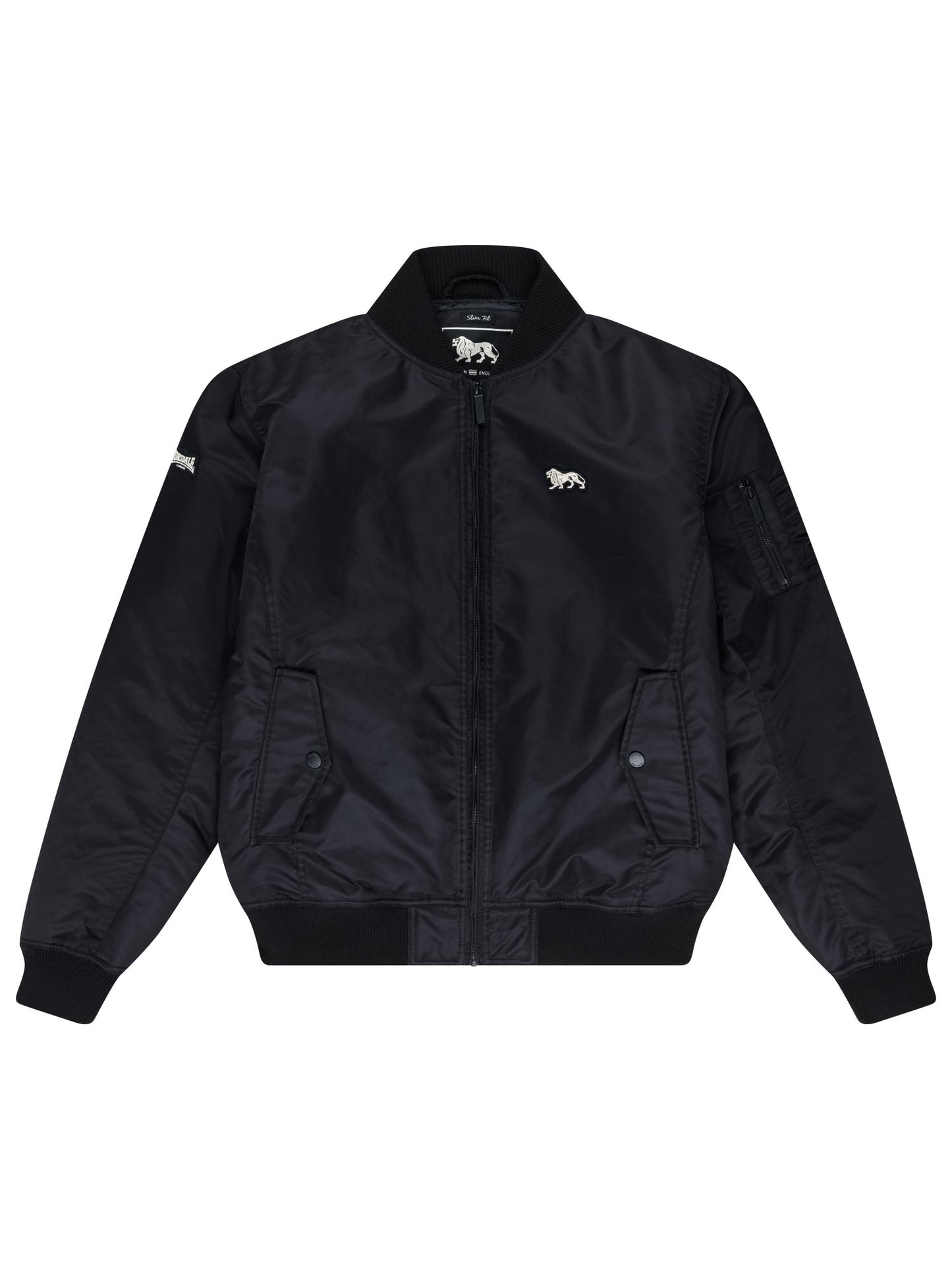  Schwarze Lonsdale Herren-Bomberjacke in schmaler Passform mit Löwen-Logo auf der Brust.
