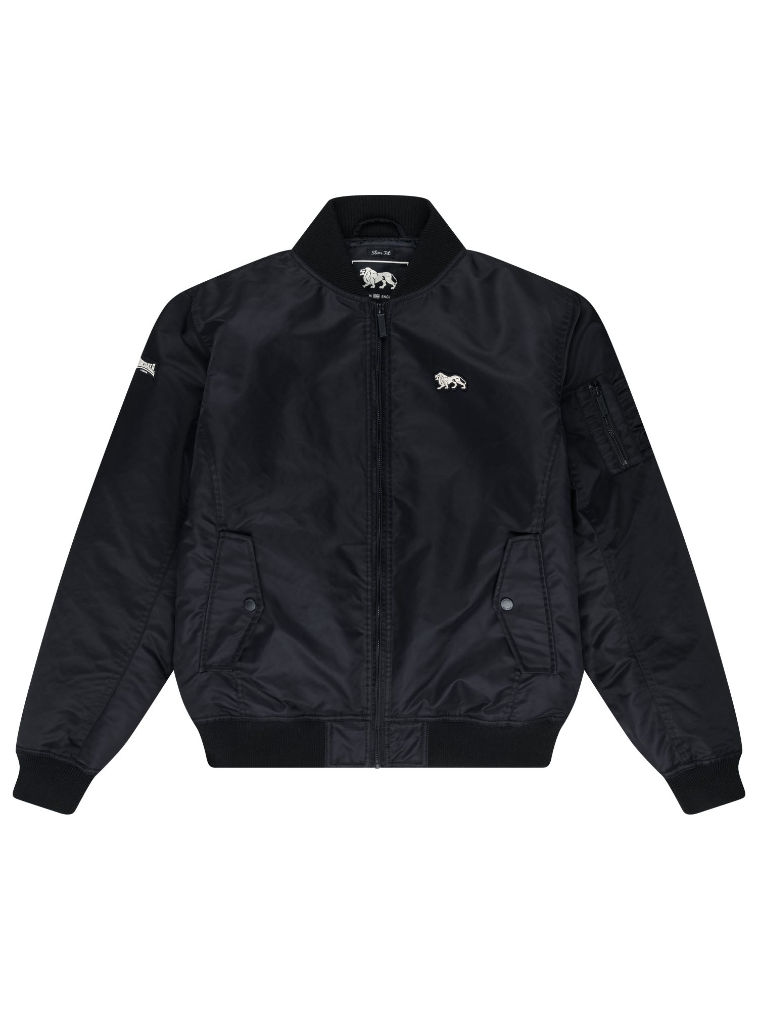  Schwarze Lonsdale Herren-Bomberjacke in schmaler Passform mit Löwen-Logo auf der Brust.