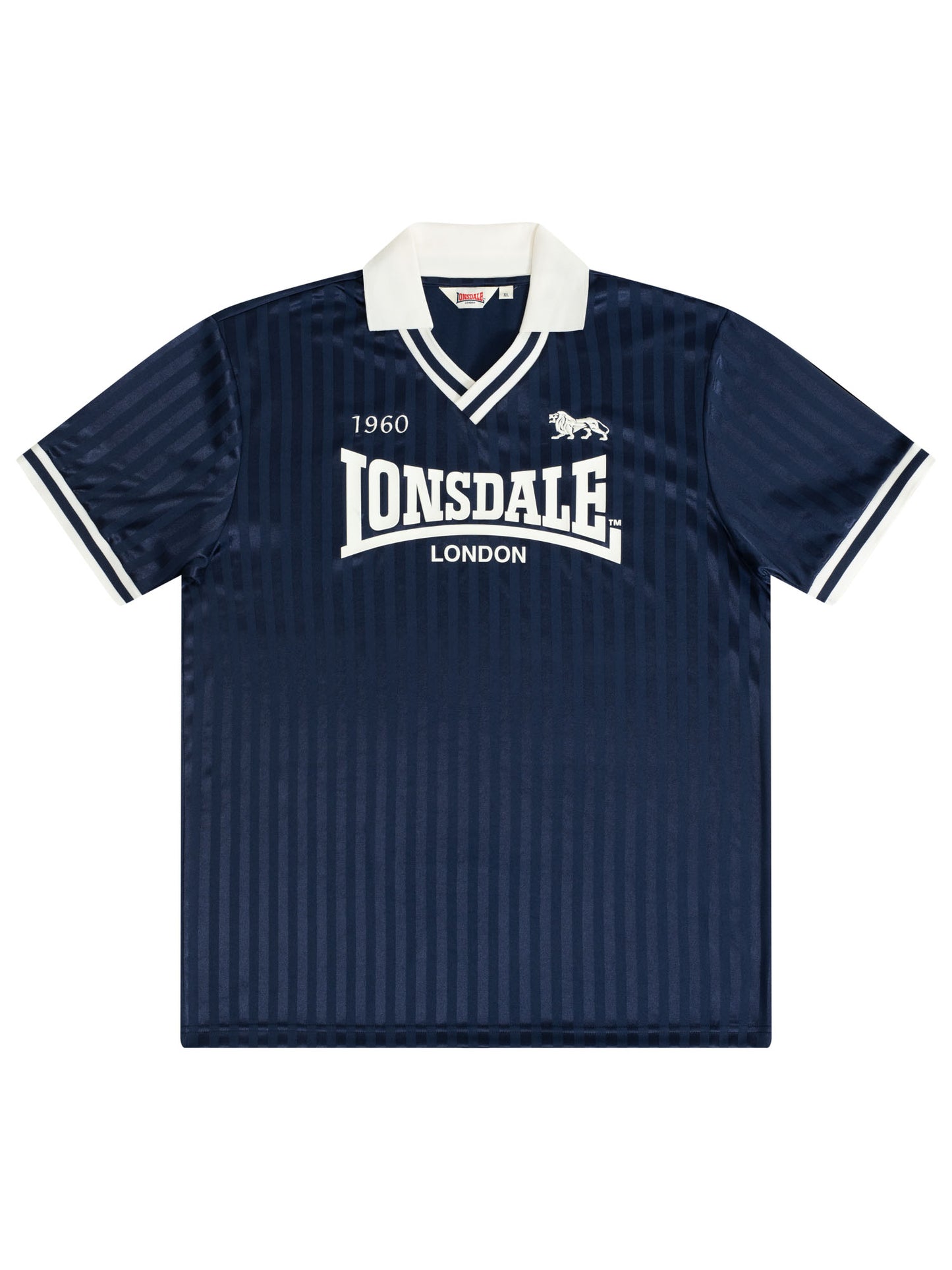 Dunkelblaues Lonsdale Trikot mit weissem Polokragen und grossem Logo-Aufdruck auf der Brust.