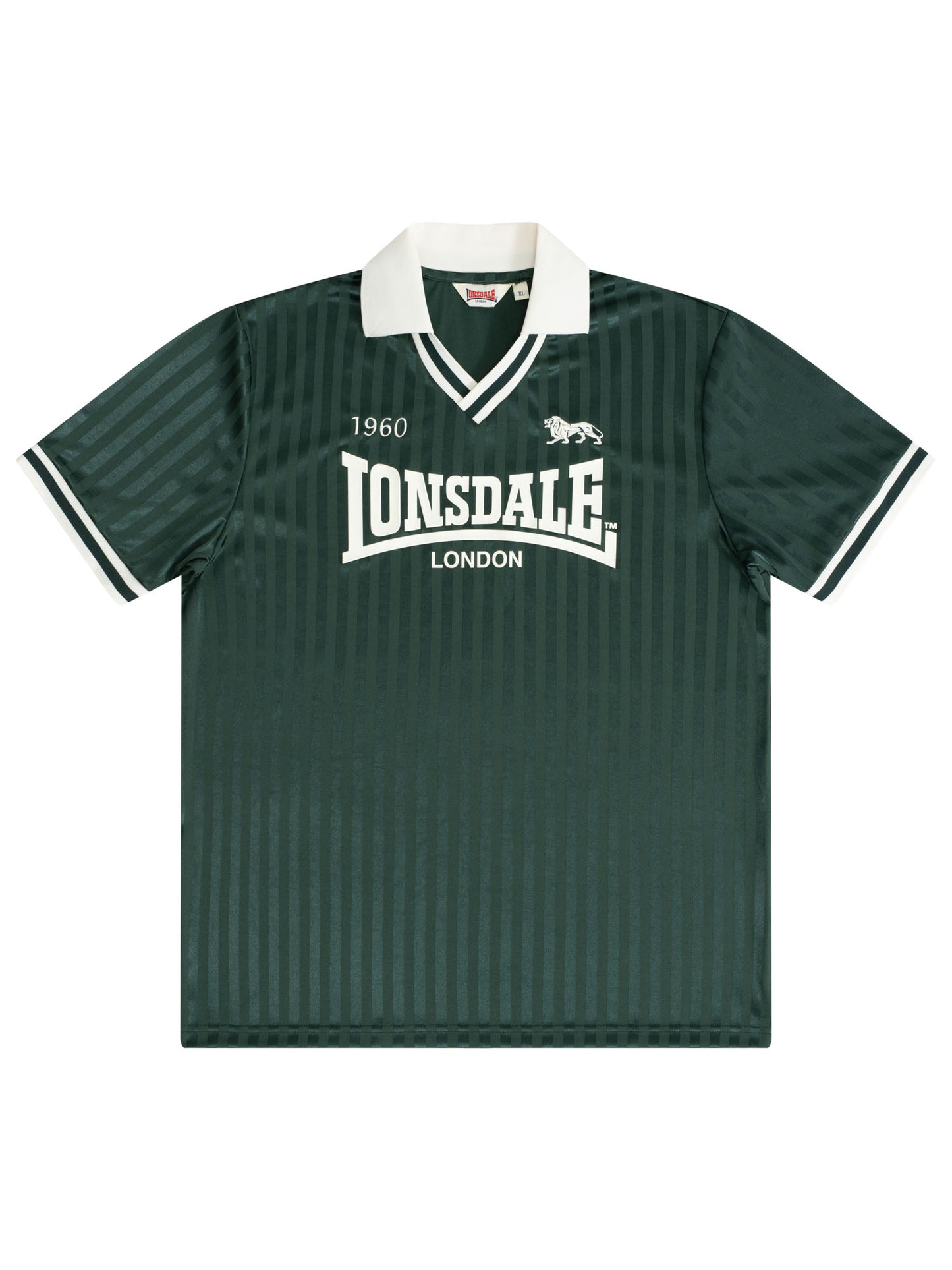 Grünes Lonsdale Trikot mit weissem Polokragen und grossem Logo-Aufdruck auf der Brust.