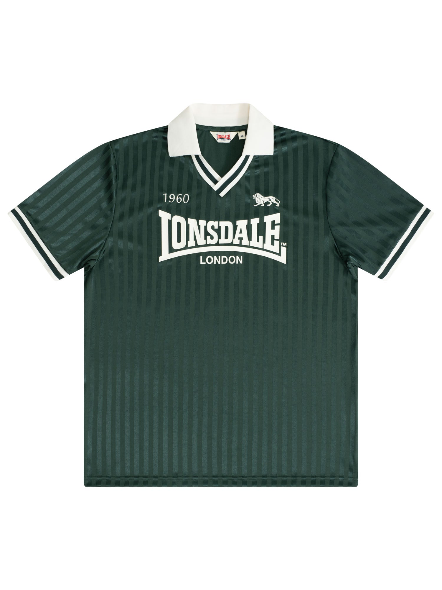 Grünes Lonsdale Trikot mit weissem Polokragen und grossem Logo-Aufdruck auf der Brust.