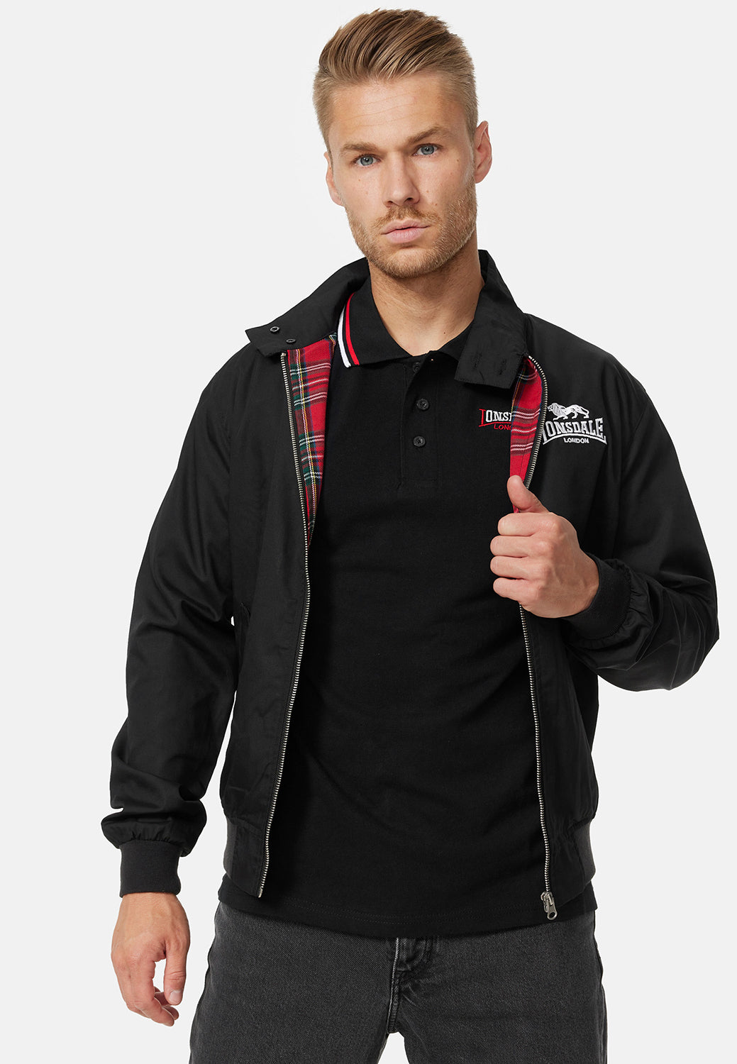 Lonsdale Acton Jacke mit Reißverschluss, kleinem Brustlogo, großem Rückenlogo und kariertem, farblich abgesetztem Innenfutter