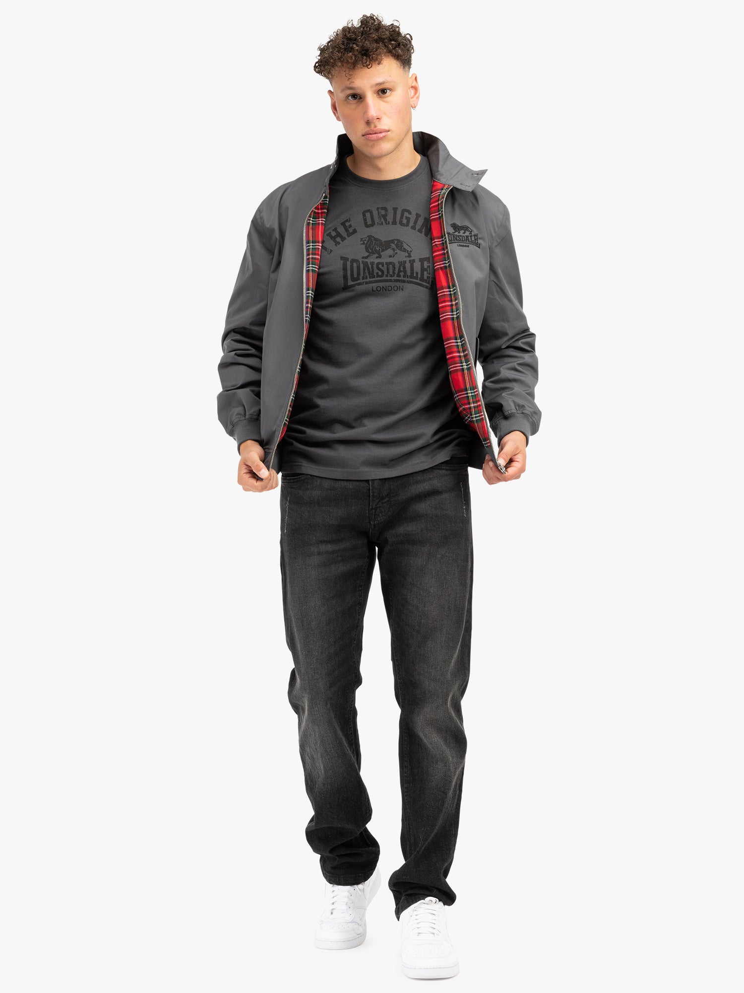 Lonsdale Acton Jacke mit Reißverschluss, kleinem Brustlogo, großem Rückenlogo und kariertem, farblich abgesetztem Innenfutter