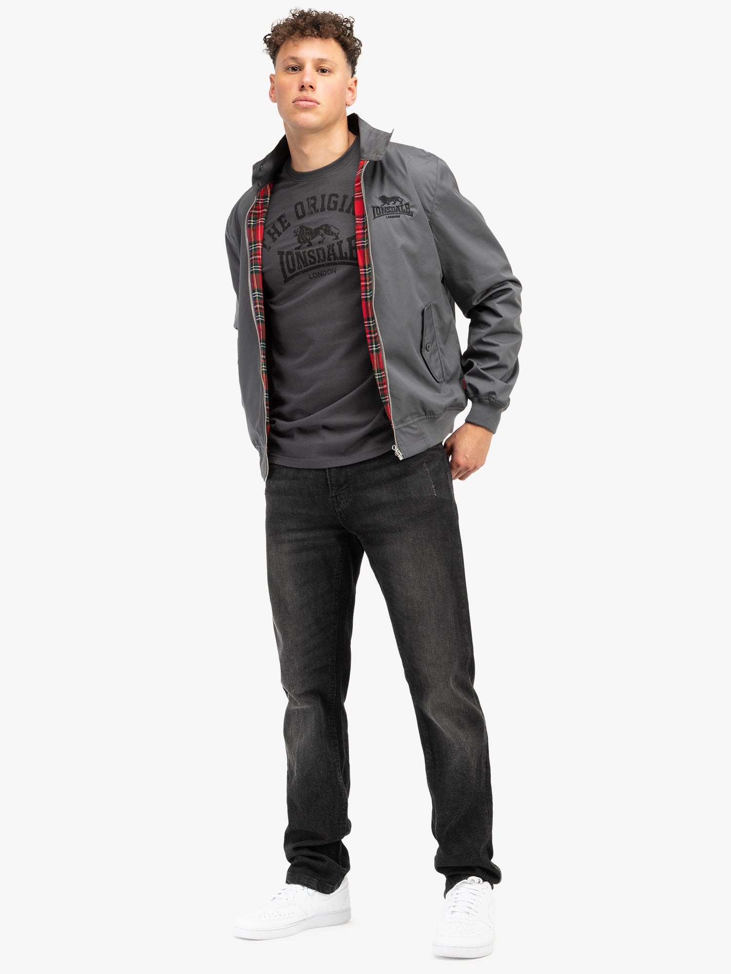 Lonsdale Acton Jacke mit Reißverschluss, kleinem Brustlogo, großem Rückenlogo und kariertem, farblich abgesetztem Innenfutter