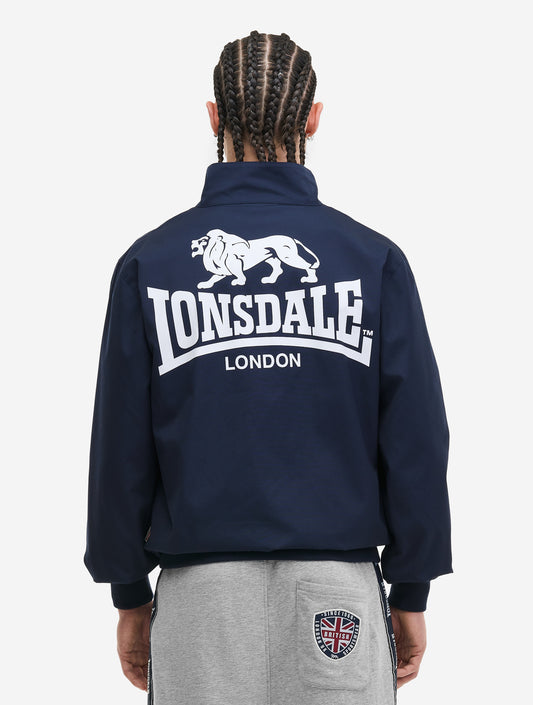 Lonsdale Acton Jacke Navy mit Reissverschluss, kleinem Brustlogo, grossem Rückenlogo und kariertem, farblich abgesetztem Innenfutter