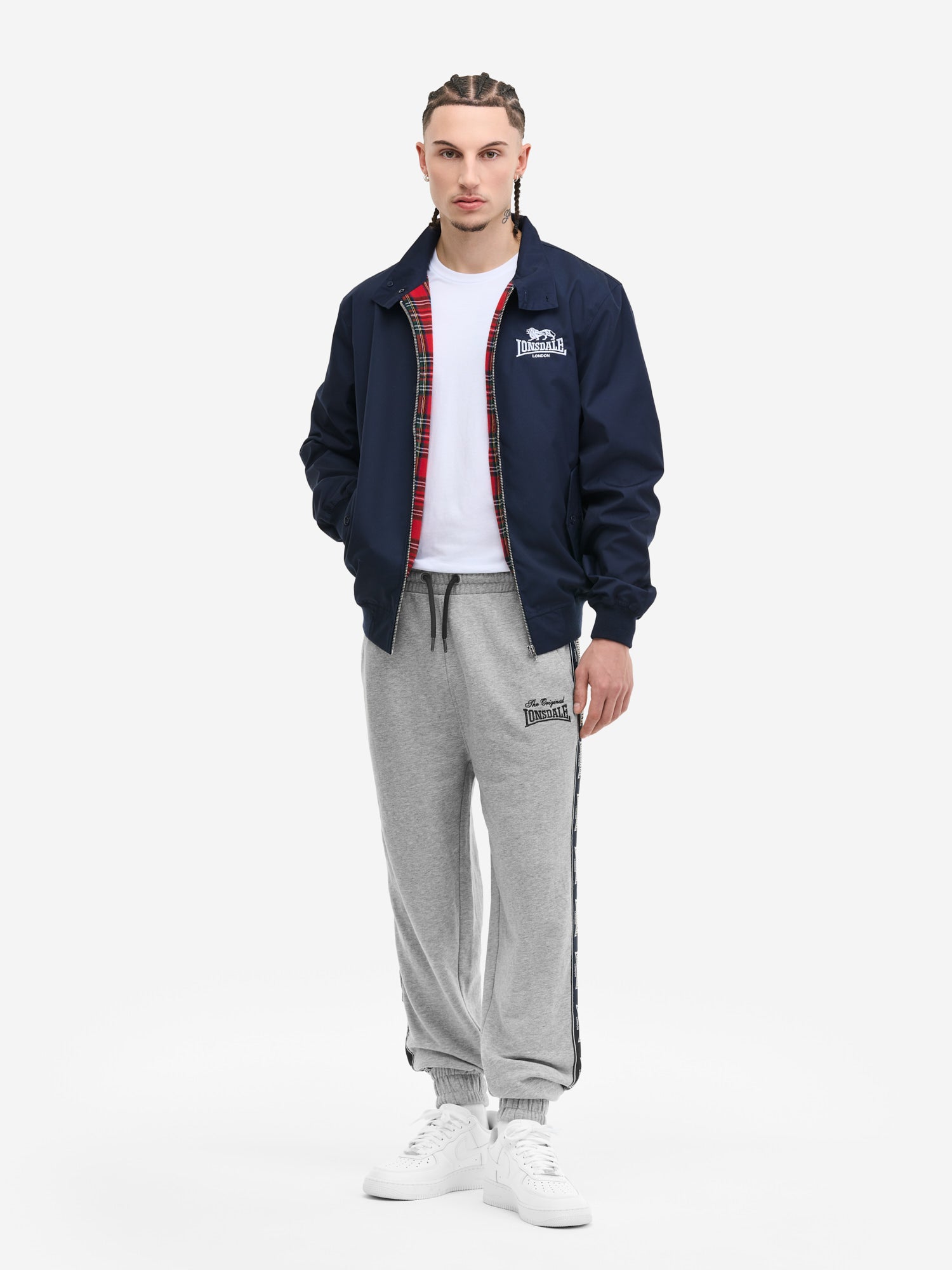 Lonsdale Acton Jacke Navy mit Reissverschluss, kleinem Brustlogo, grossem Rückenlogo und kariertem, farblich abgesetztem Innenfutter