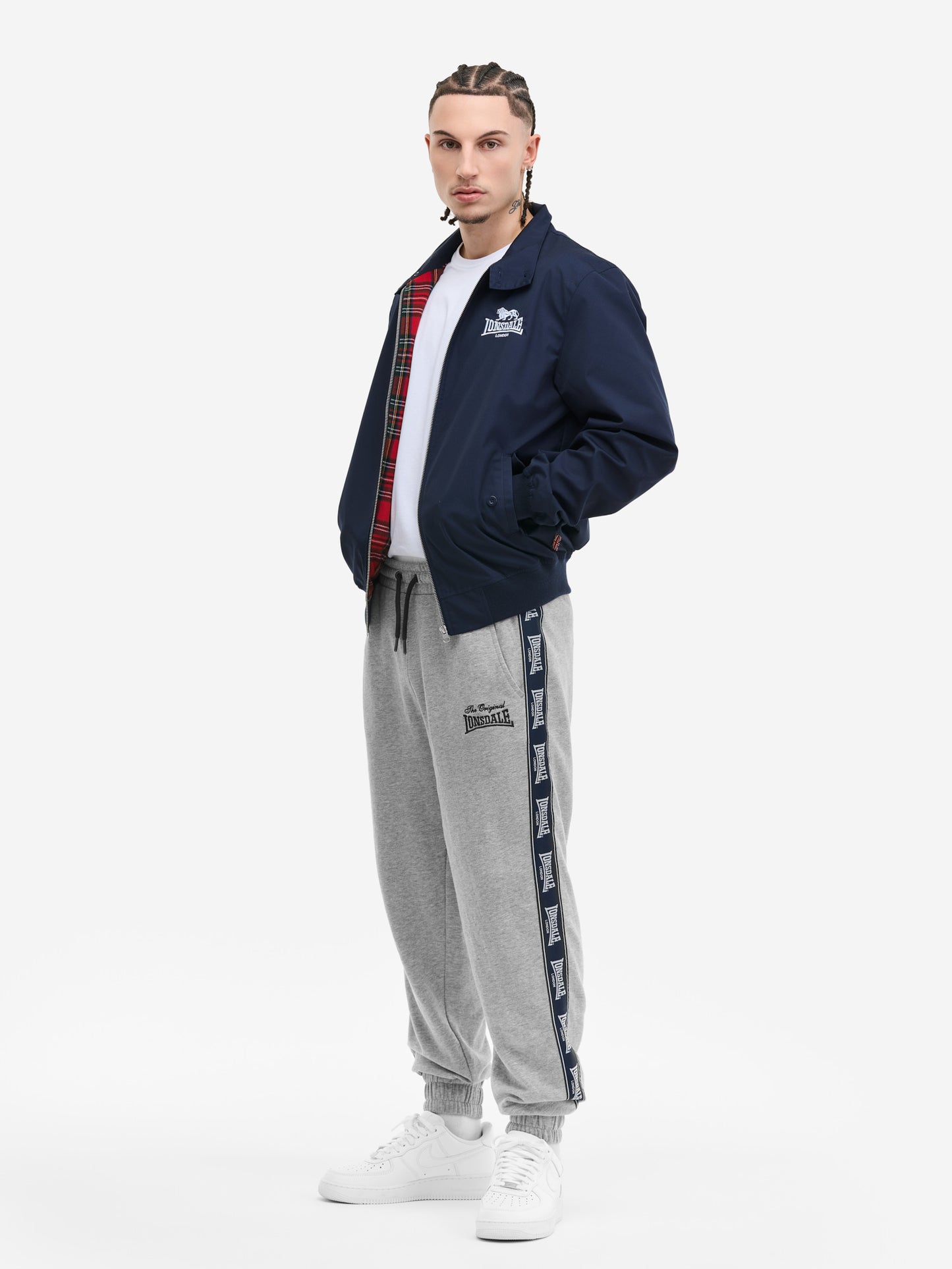 Lonsdale Acton Jacke Navy mit Reissverschluss, kleinem Brustlogo, grossem Rückenlogo und kariertem, farblich abgesetztem Innenfutter