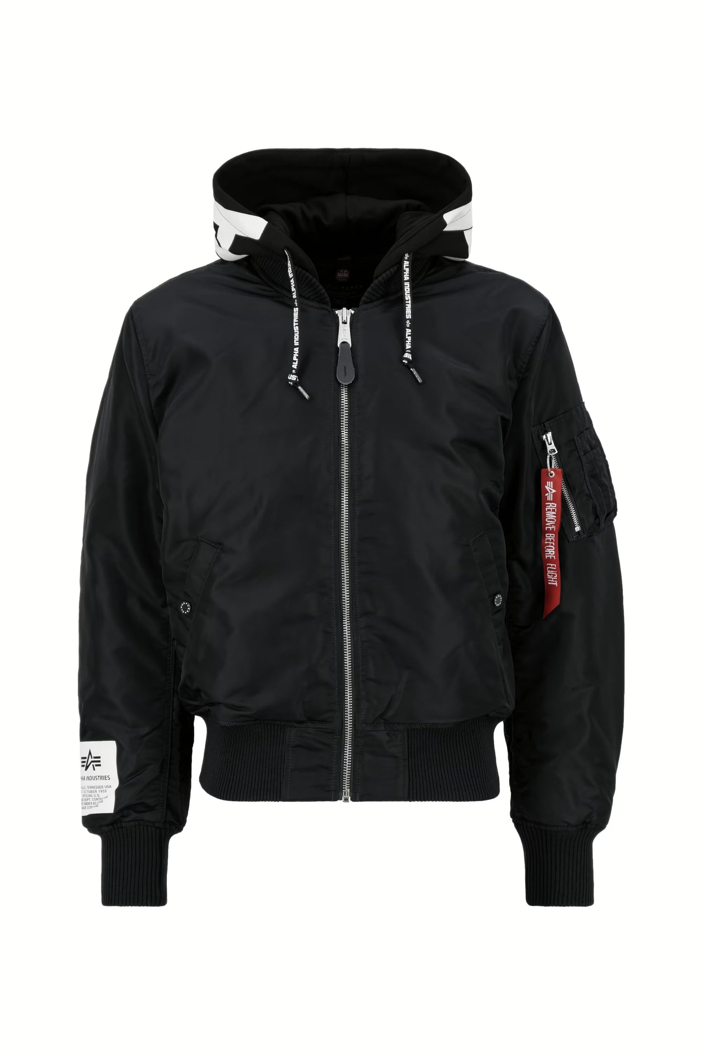 Alpha Industries MA-1 Zip Hood Print Bomber Jacket – Slim Fit Frontansicht in Schwarz