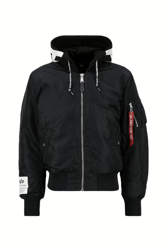 Alpha Industries MA-1 Zip Hood Print Bomber Jacket – Slim Fit Frontansicht in Schwarz