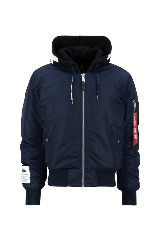 Alpha Industries MA-1 Zip Hood Print Bomber Jacket – Slim Fit Frontansicht in Navy