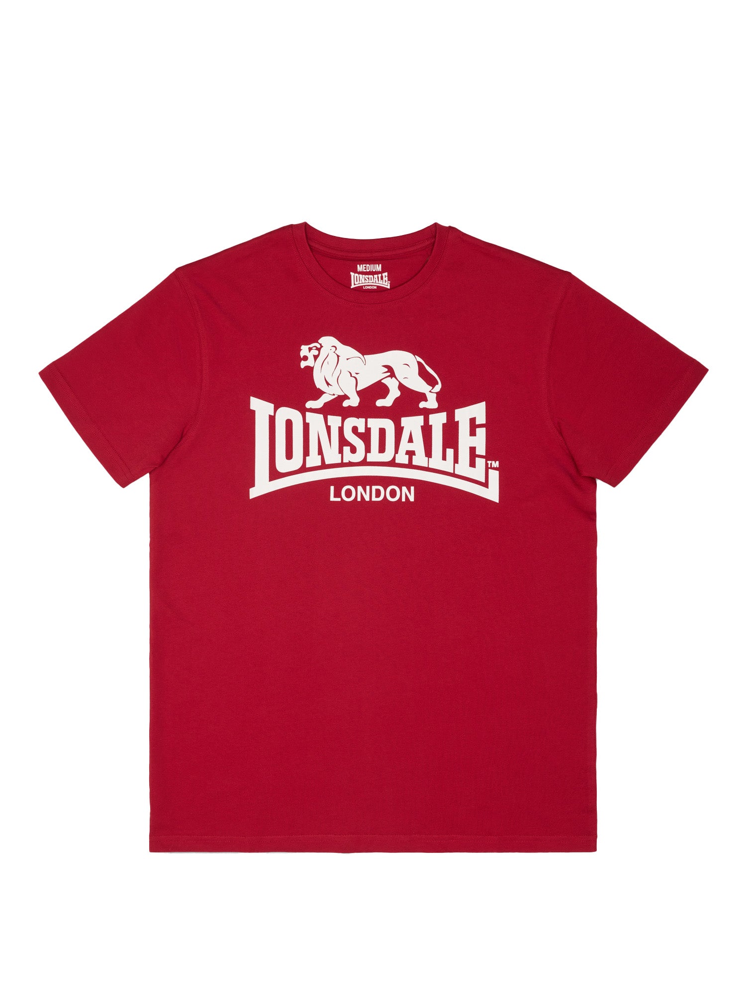 Rotes Lonsdale T-Shirt mit Logo-Brustprint und kleinem Markenprint im Nacken.