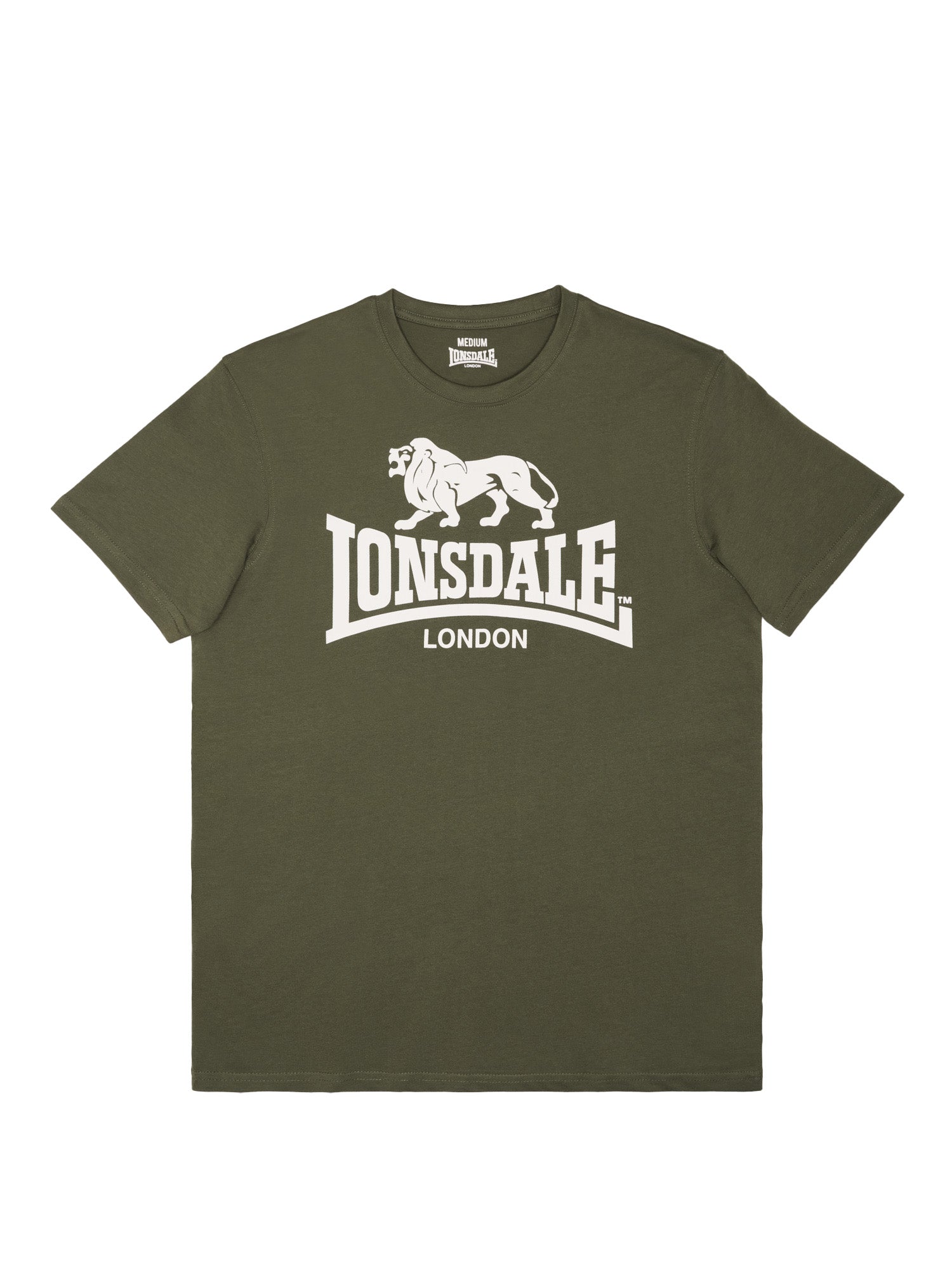 Lonsdale T-Shirt Oliv/Weiss mit Logo-Brustprint und kleinem Markenprint im Nacken.