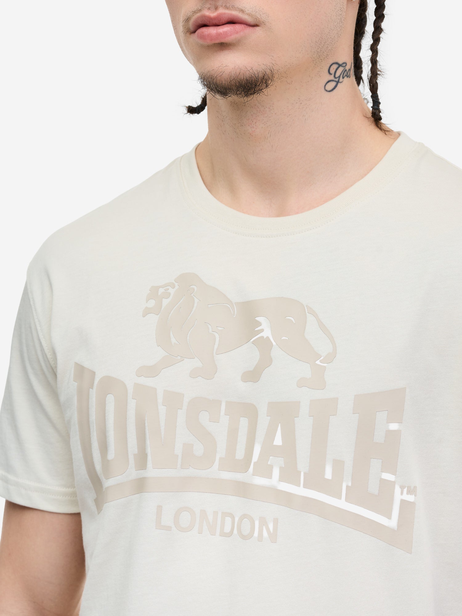 Lonsdale London T-Shirt Bone White mit Frontprint und Löwen-Backprint, sportlich aus Baumwolle