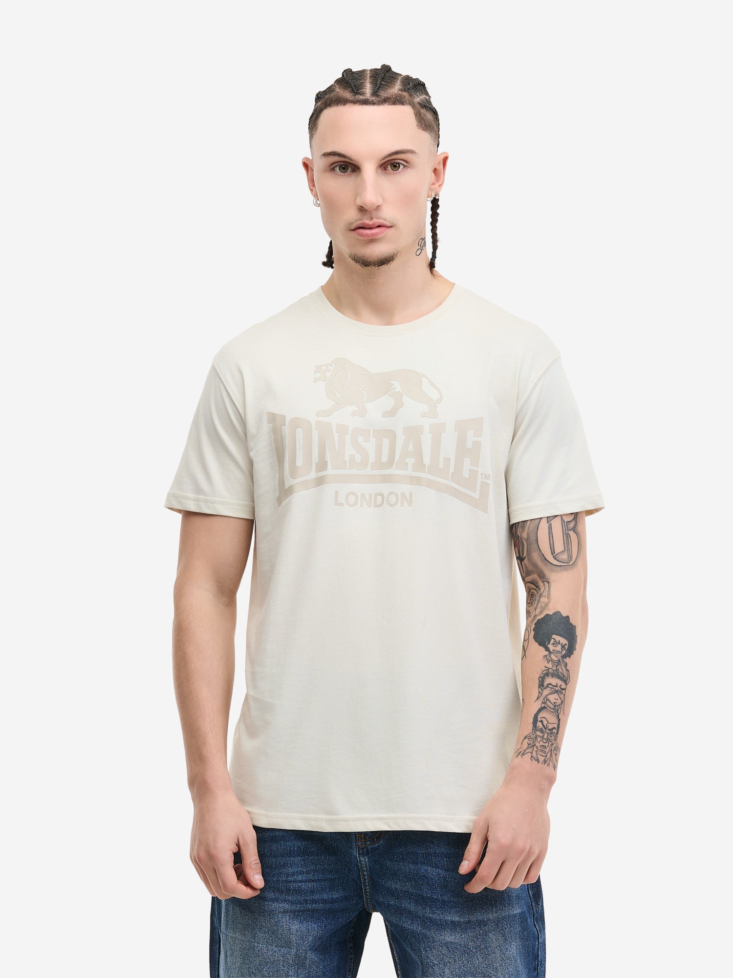 Lonsdale London T-Shirt Bone White mit Frontprint und Löwen-Backprint, sportlich aus Baumwolle