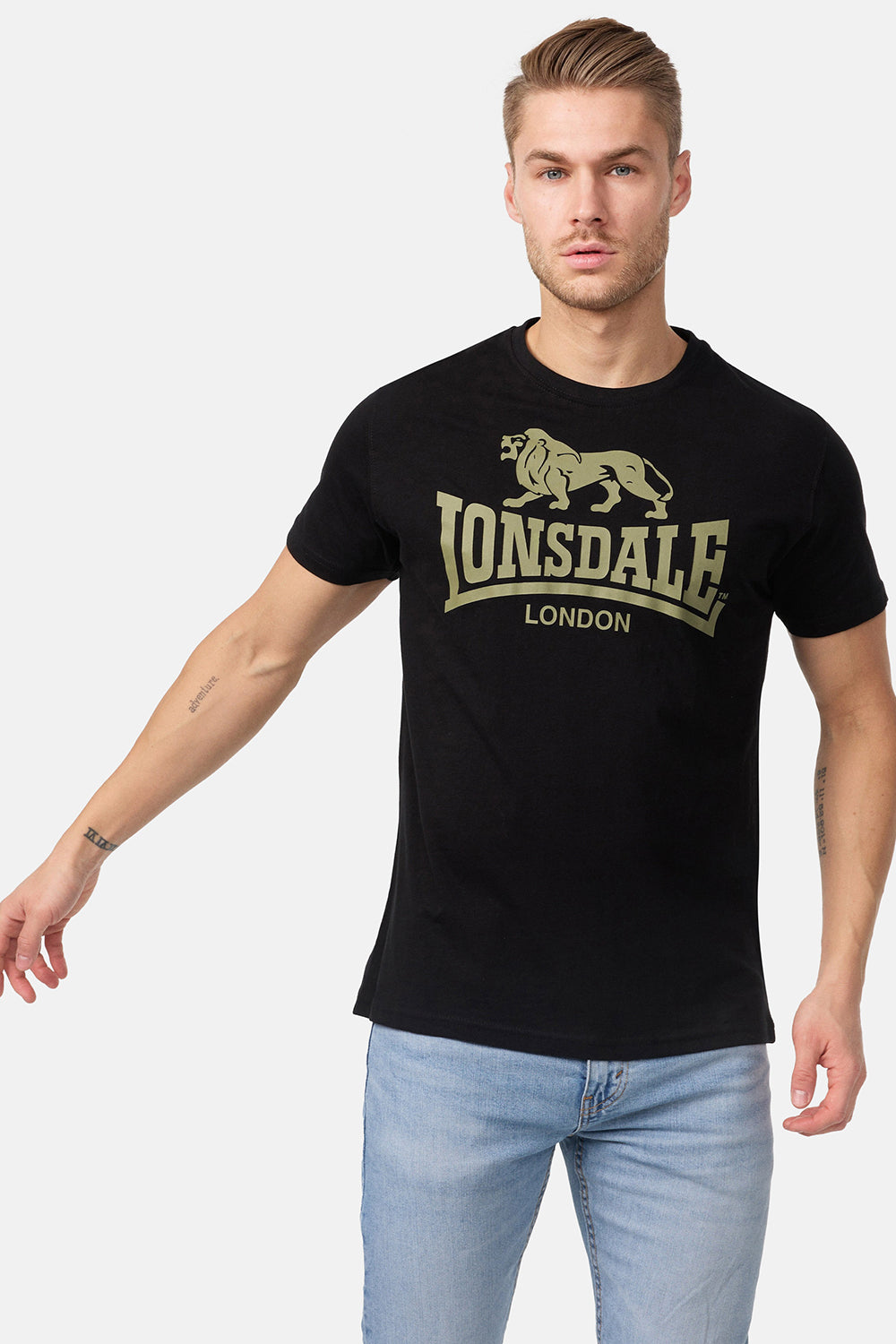Lonsdale London T-Shirt Regular Logo mit Front-Logo-Aufdruck und kleinem Löwen-Backprint, sportlich-freizeitlicher Stil