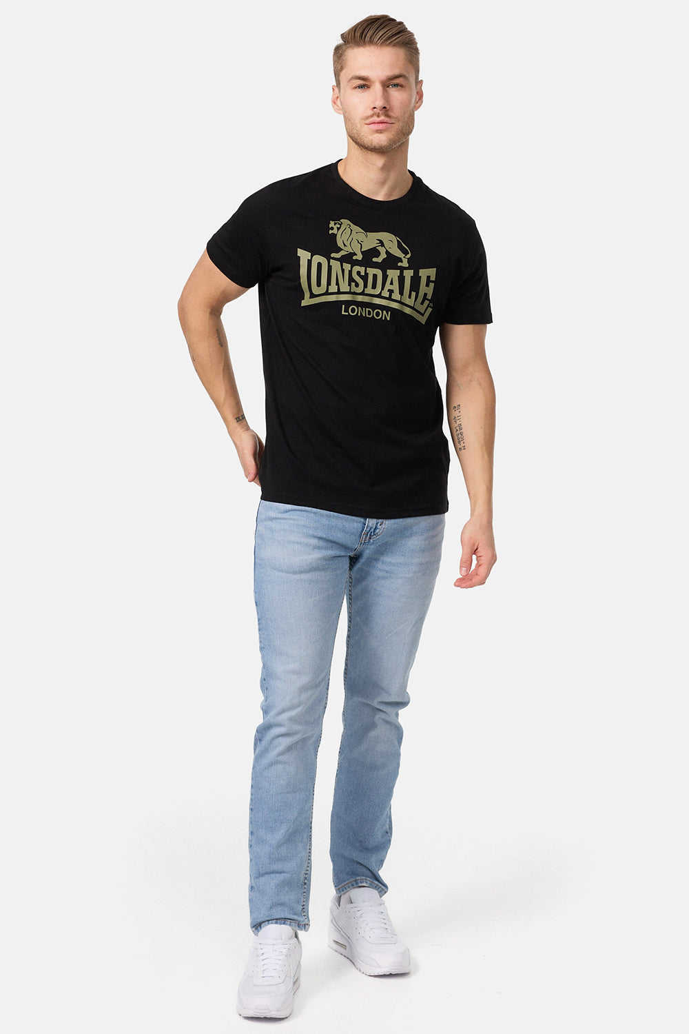 Lonsdale London T-Shirt Regular Logo mit Front-Logo-Aufdruck und kleinem Löwen-Backprint, sportlich-freizeitlicher Stil