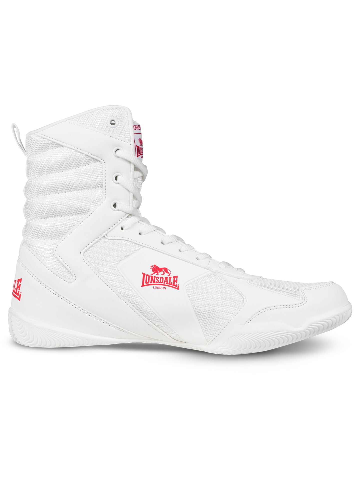 Weiss-rote Lonsdale Boxschuhe aus Mesh mit gutem Grip und Knöchelstütze