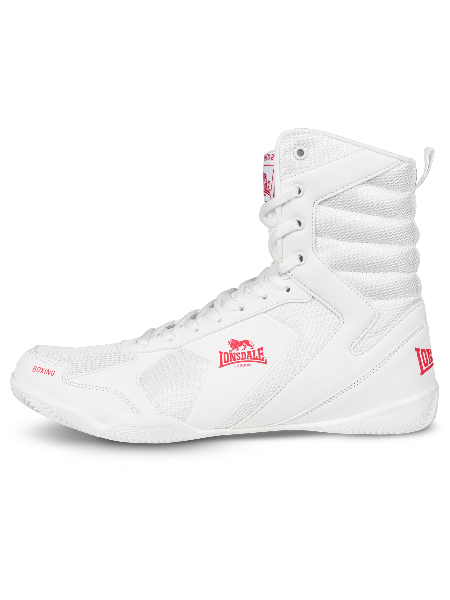 Weiss-rote Lonsdale Boxschuhe aus Mesh mit gutem Grip und Knöchelstütze