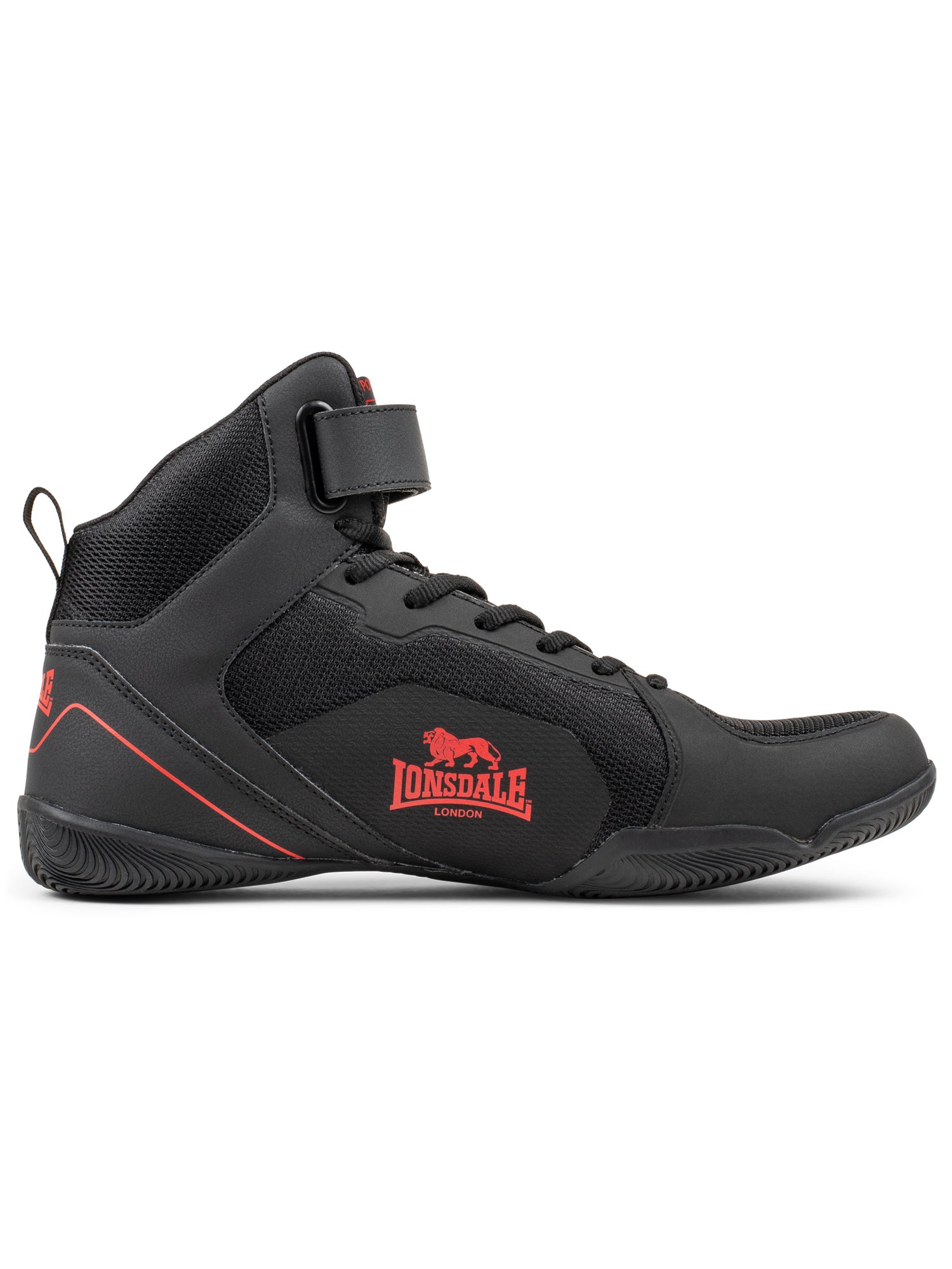 Lonsdale Boxschuhe Schwarz/Rot aus leichtem PU/Mesh mit stabilem Halt und normalem Schaft.