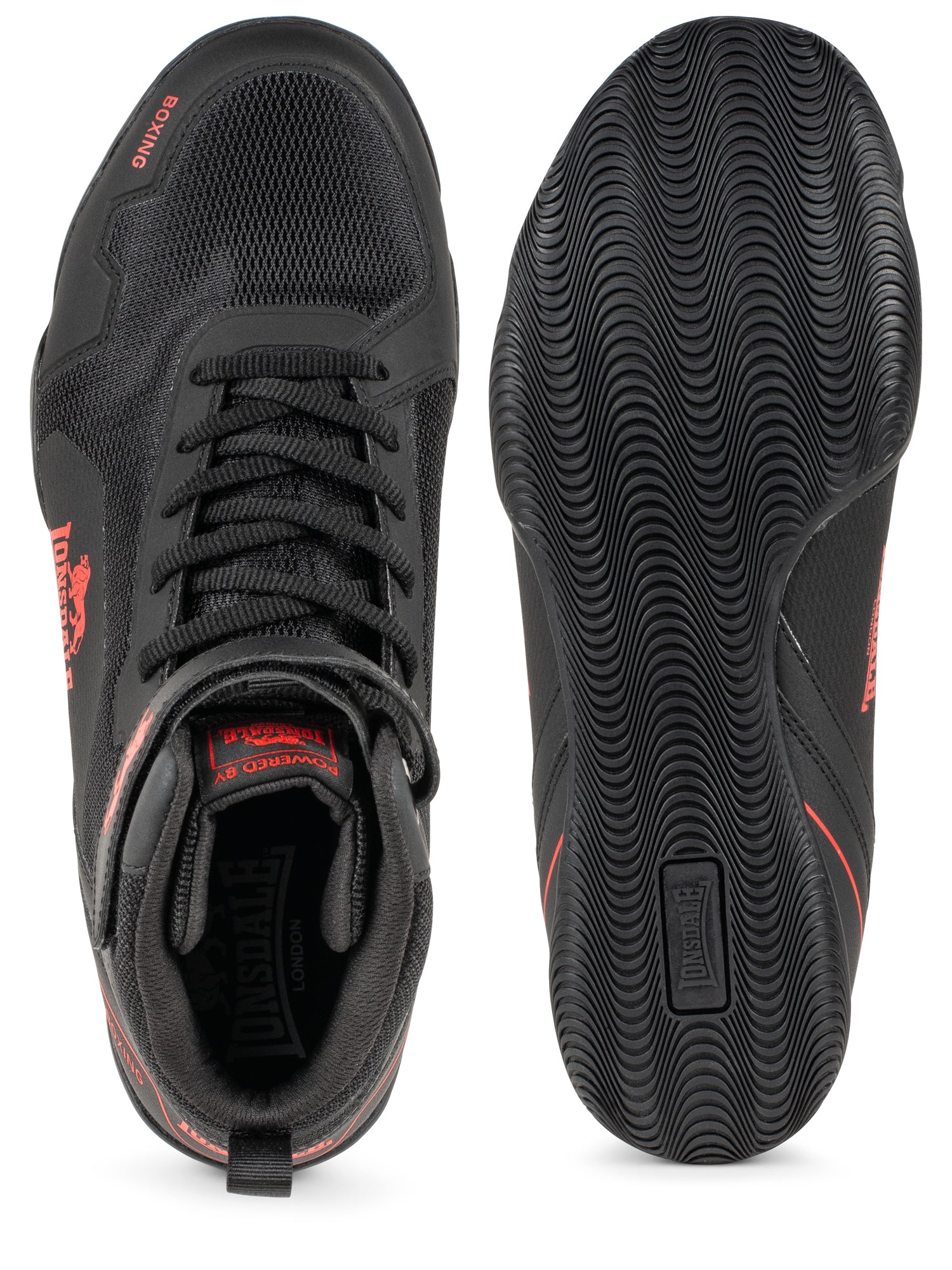 Lonsdale Boxschuhe Schwarz/Rot aus leichtem PU/Mesh mit stabilem Halt und normalem Schaft.