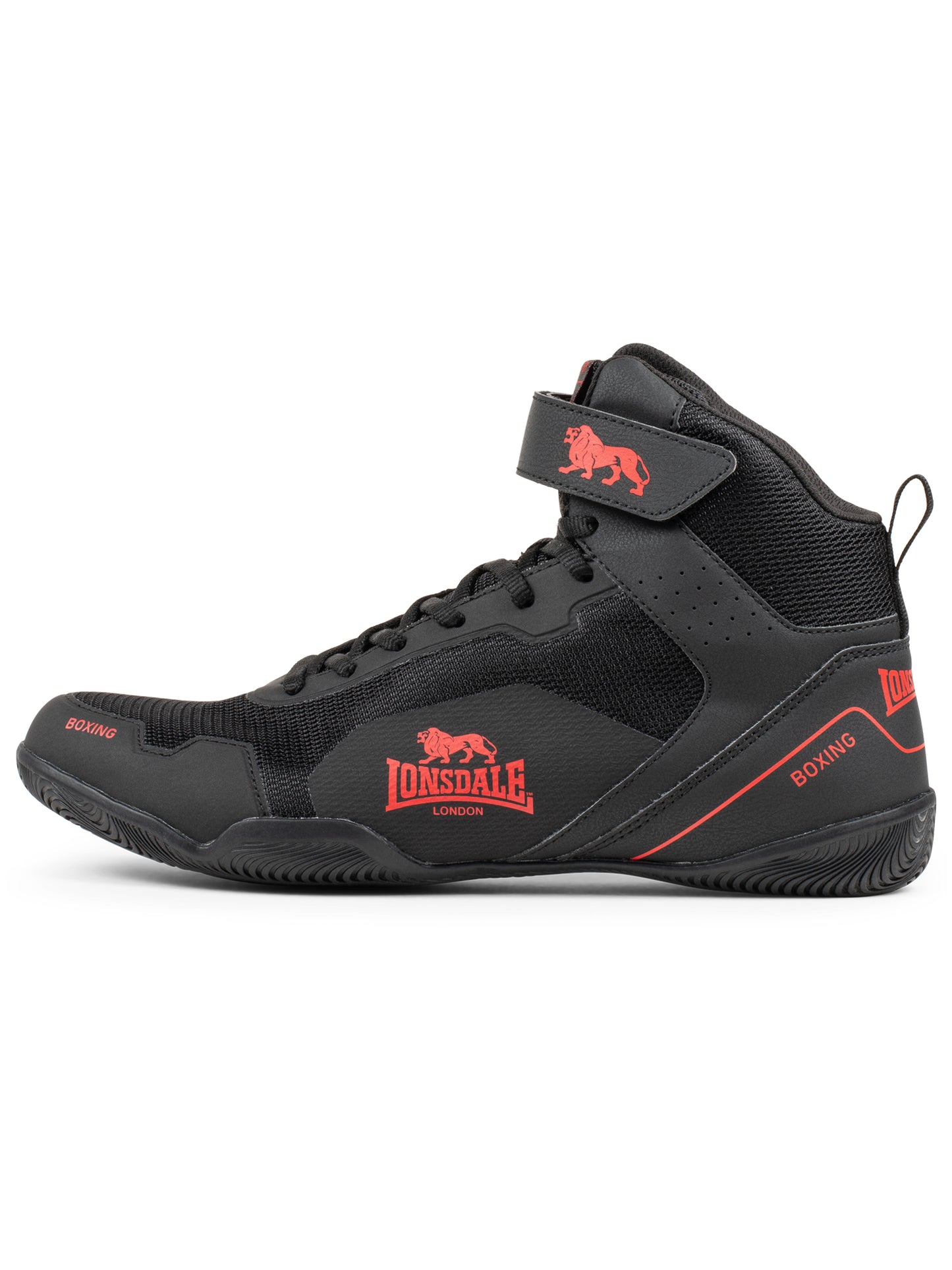 Lonsdale Boxschuhe Schwarz/Rot aus leichtem PU/Mesh mit stabilem Halt und normalem Schaft.