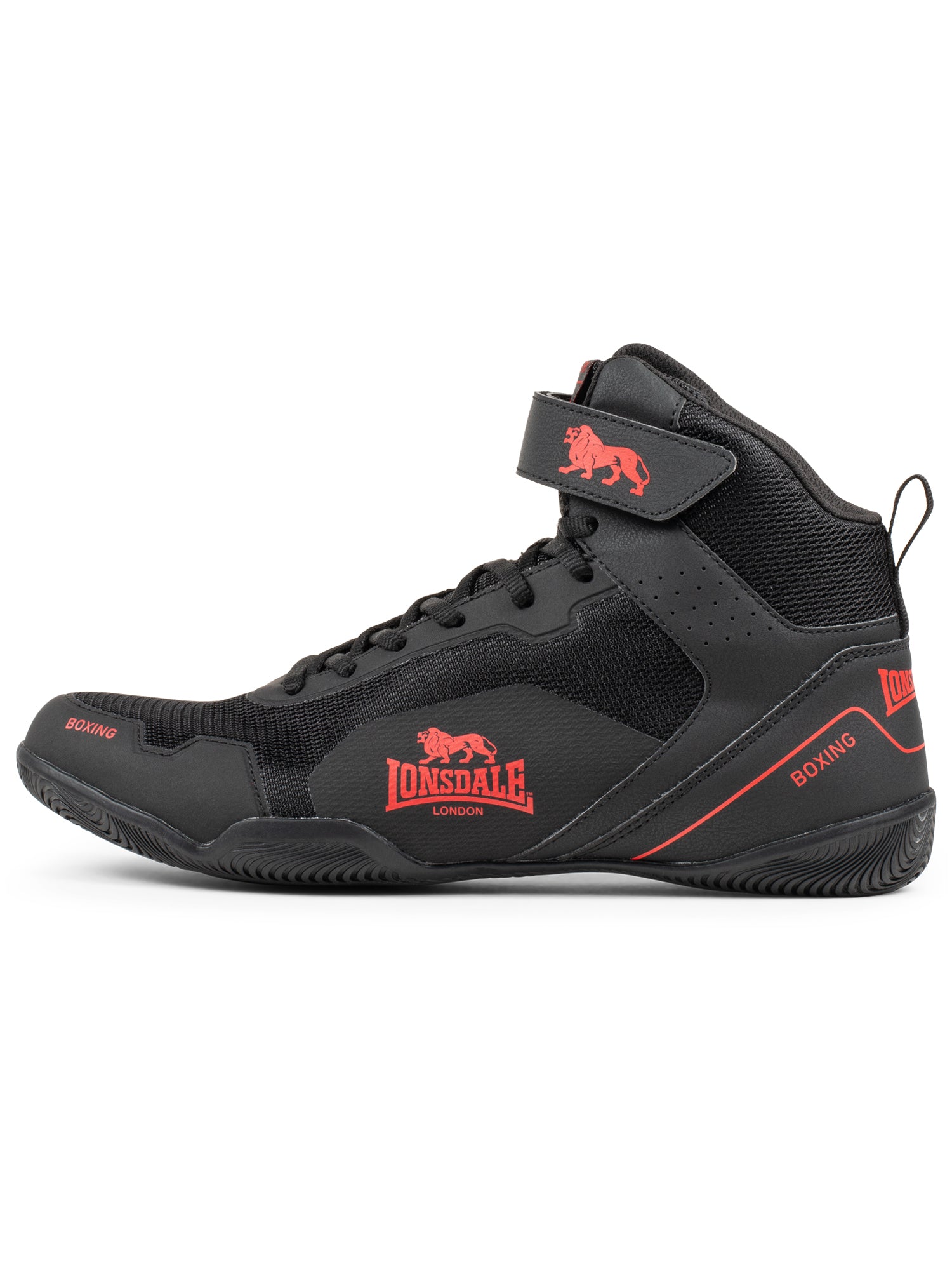 Lonsdale Boxschuhe Schwarz/Rot aus leichtem PU/Mesh mit stabilem Halt und normalem Schaft.