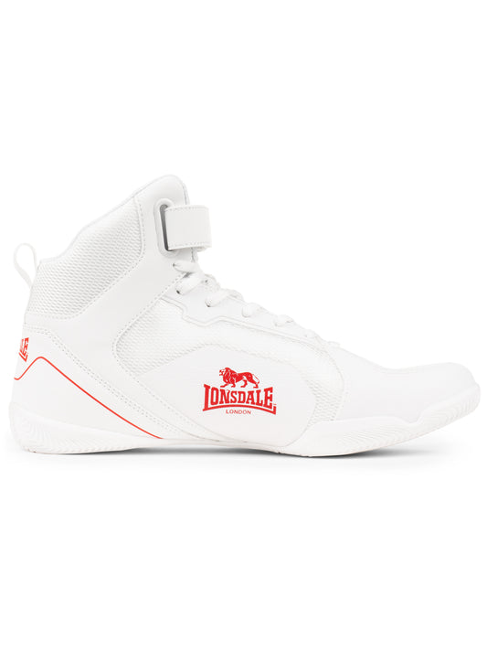 Lonsdale Boxschuhe Weiss/Rot aus leichtem PU/Mesh mit stabilem Halt und normalem Schaft.