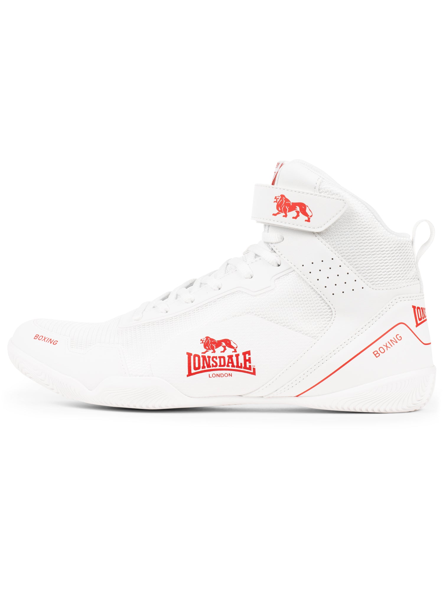 Lonsdale Boxschuhe Weiss/Rot aus leichtem PU/Mesh mit stabilem Halt und normalem Schaft.