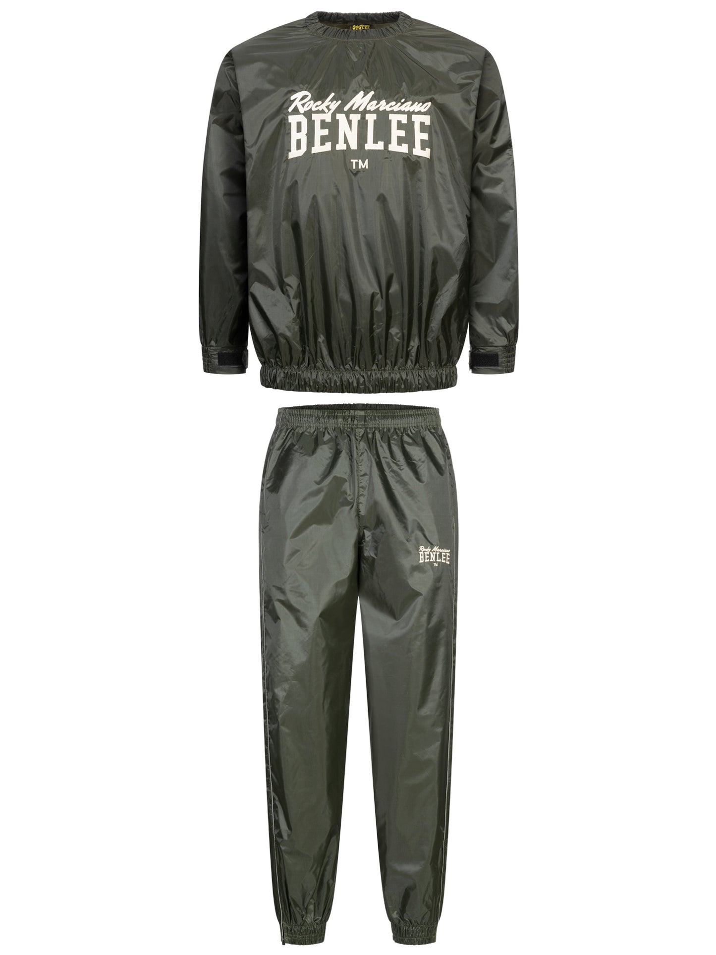 Benlee Saunaanzug in Olive mit weissem Rocky Marciano Markenlogo auf der Vorderseite.