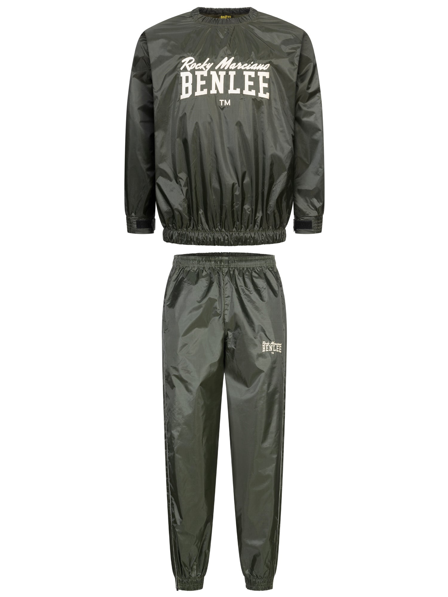Benlee Saunaanzug in Olive mit weissem Rocky Marciano Markenlogo auf der Vorderseite.