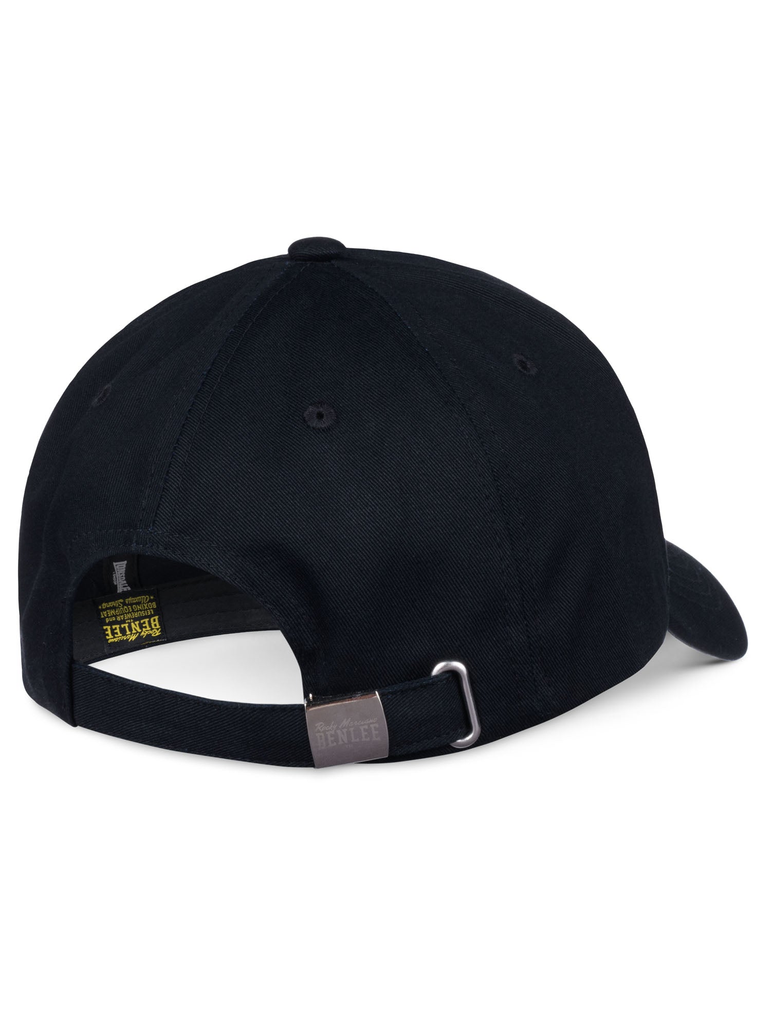 Rückansicht BENLEE Cap Schwarz mit Metallschliesse und gelbem Marken-Label innen