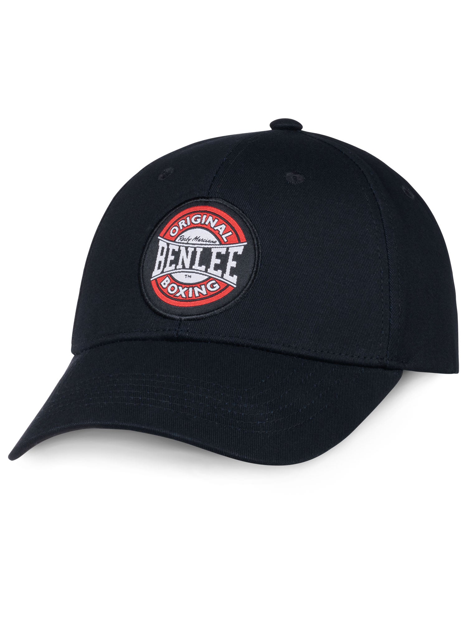 Schwarze BENLEE Toppa Baseballkappe mit rundem "Original Boxing"-Logo-Aufnäher auf der Vorderseite.