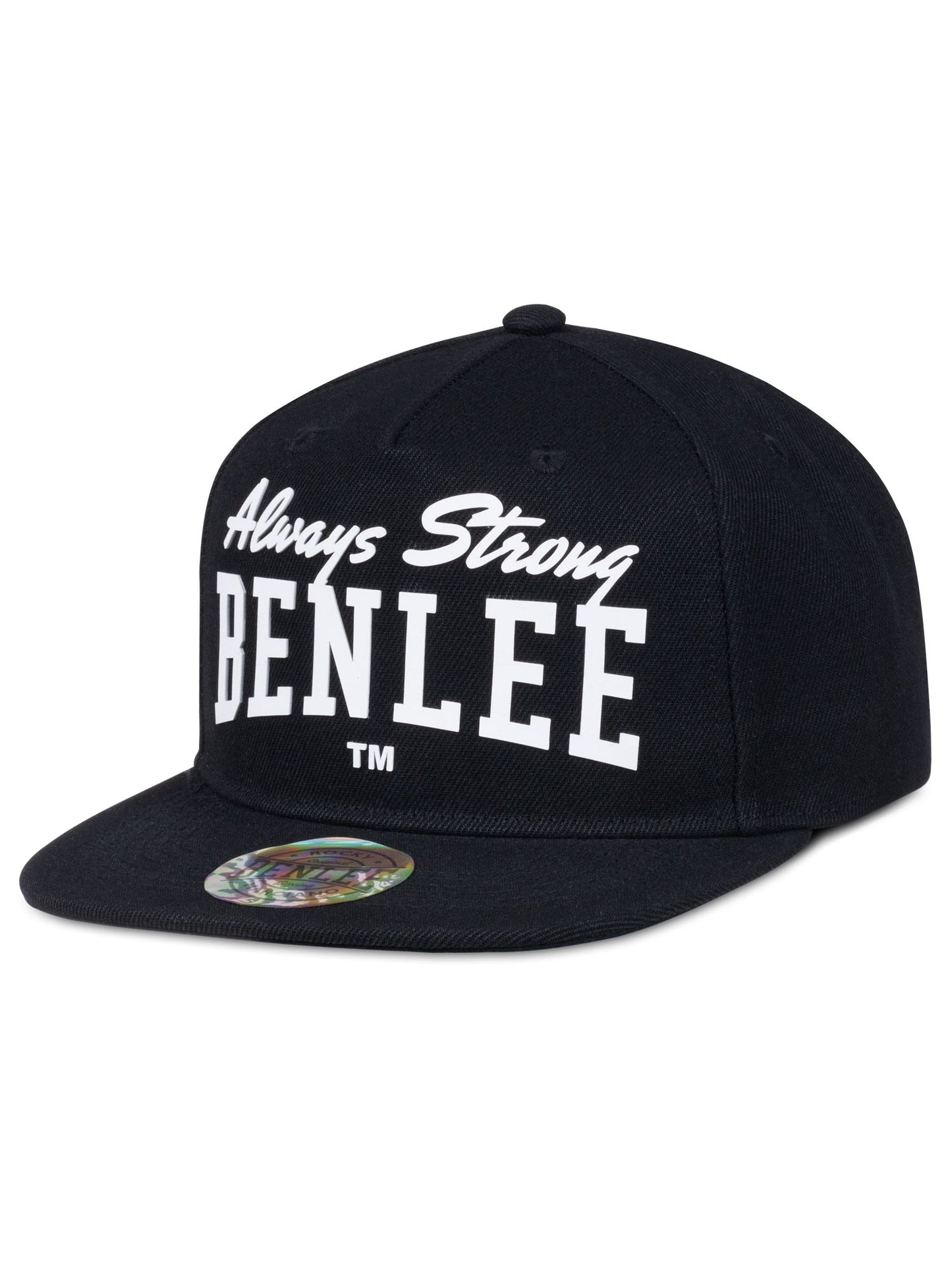 Schwarze BENLEE Snapback Cap mit weissem Always Strong 3D-Gummidruck.