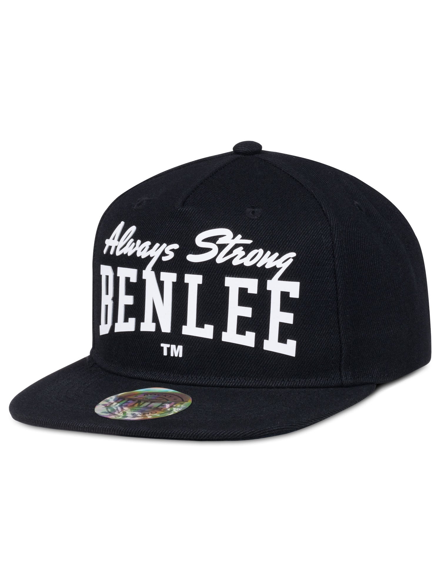 Schwarze BENLEE Snapback Cap mit weissem Always Strong 3D-Gummidruck.