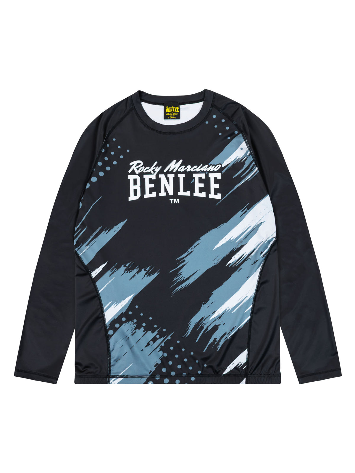 BENLEE Herren Rashguard Longsleeve in Schwarz mit blau-grauem Grafikmuster und Logo auf der Brust.