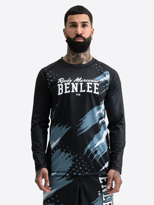 BENLEE Herren Rashguard Longsleeve in Schwarz mit blau-grauem Grafikmuster und Logo auf der Brust.