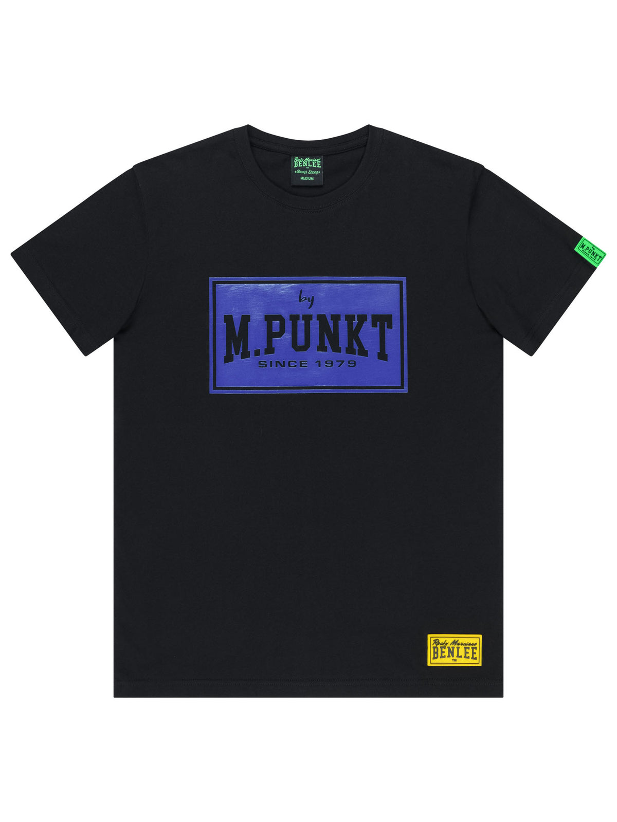 Schwarzes BENLEE Herren T-Shirt mit blauem M.Punkt Logo-Print auf der Brust.
