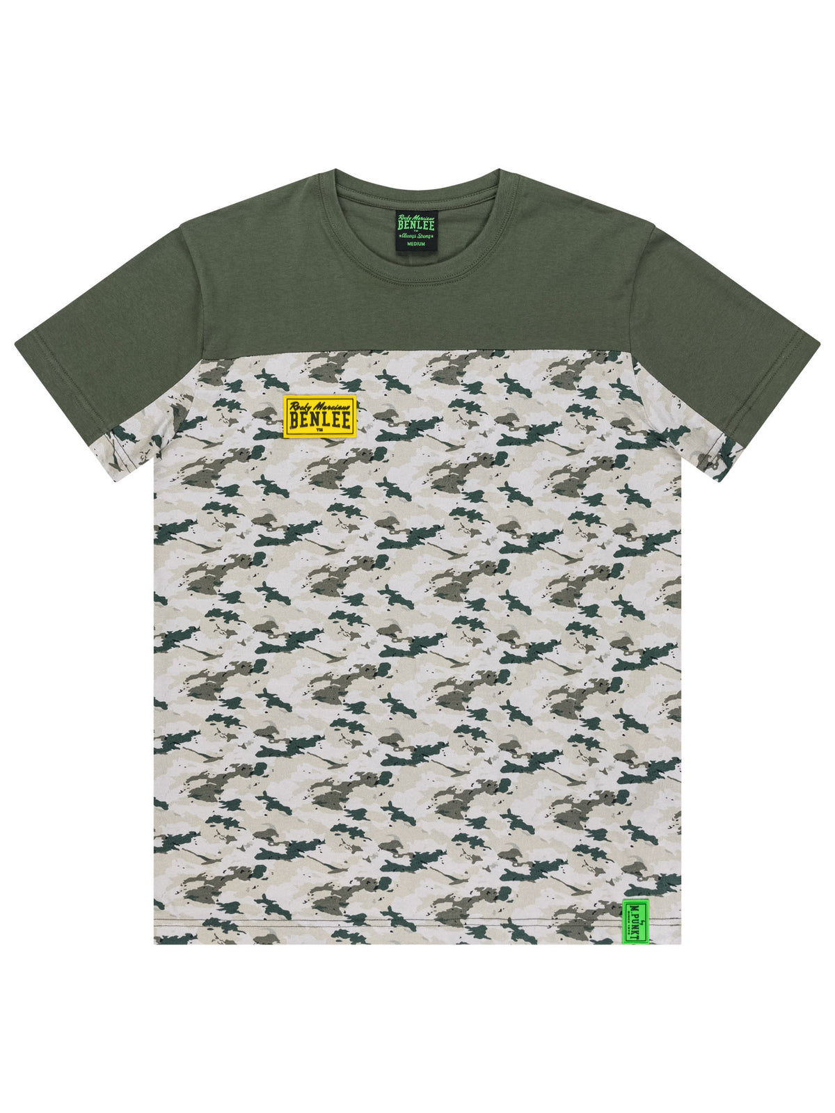 BENLEE Herren T-Shirt in Olivgrün mit Camouflage-Muster auf der Brust.