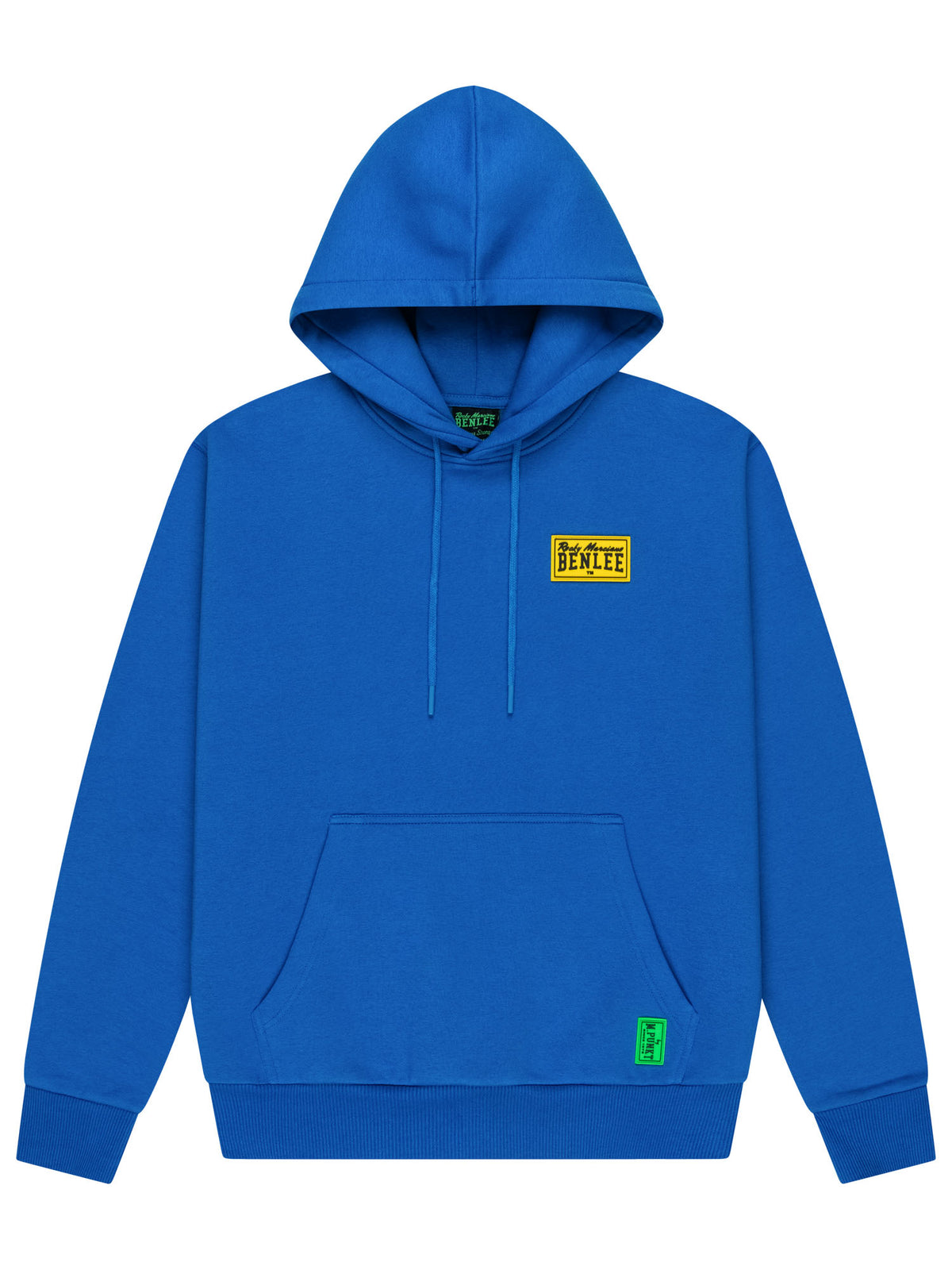 Blauer BENLEE Kapuzenpullover für Herren in normaler Passform mit Kängurutasche und gelbem Logo-Patch auf der Brust.
