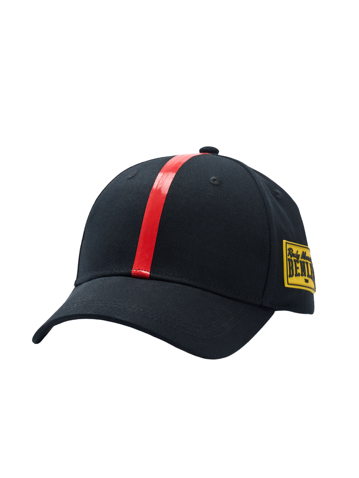 Schwarze BENLEE Kappe aus Baumwolle mit rotem Streifen und gelbem Logo-Patch.