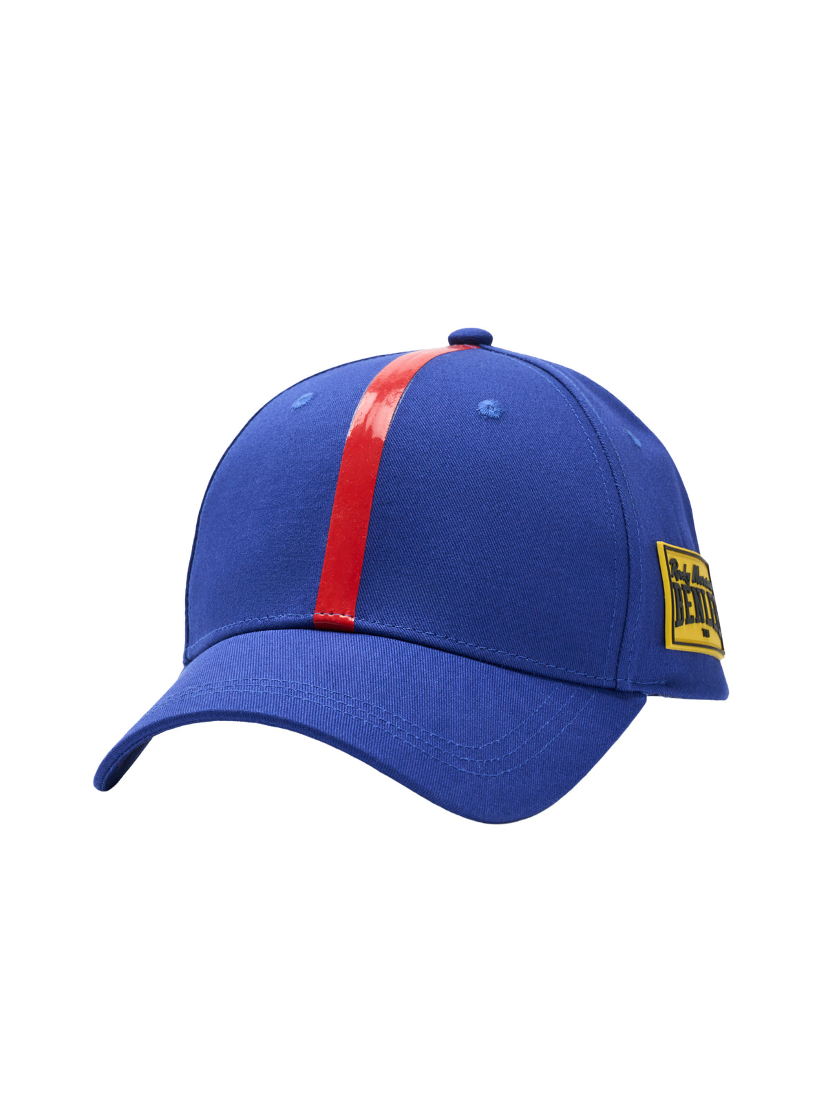 Blaue BENLEE Kappe aus Baumwolle mit rotem Streifen und gelbem Logo-Patch.