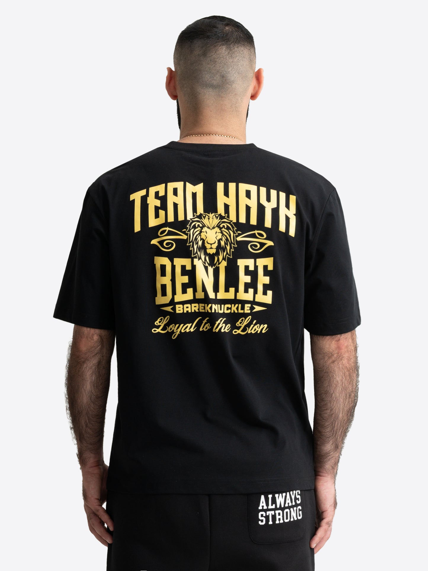 Rückansicht von schwarzem Benlee Herren T-Shirt mit goldenem Logo-Print.
